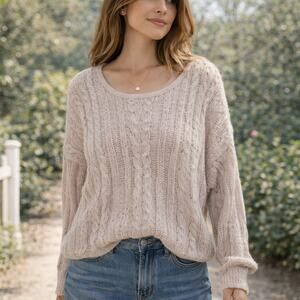 Free People SZ M Angel Pointelle-Knit Sweater Frappucino Combo OB1072402